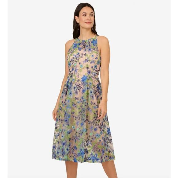 Adrianna Papell NWT Blue Multicolor Embroidered Fit and Flare Dress Size 8 - Picture 1 of 9
